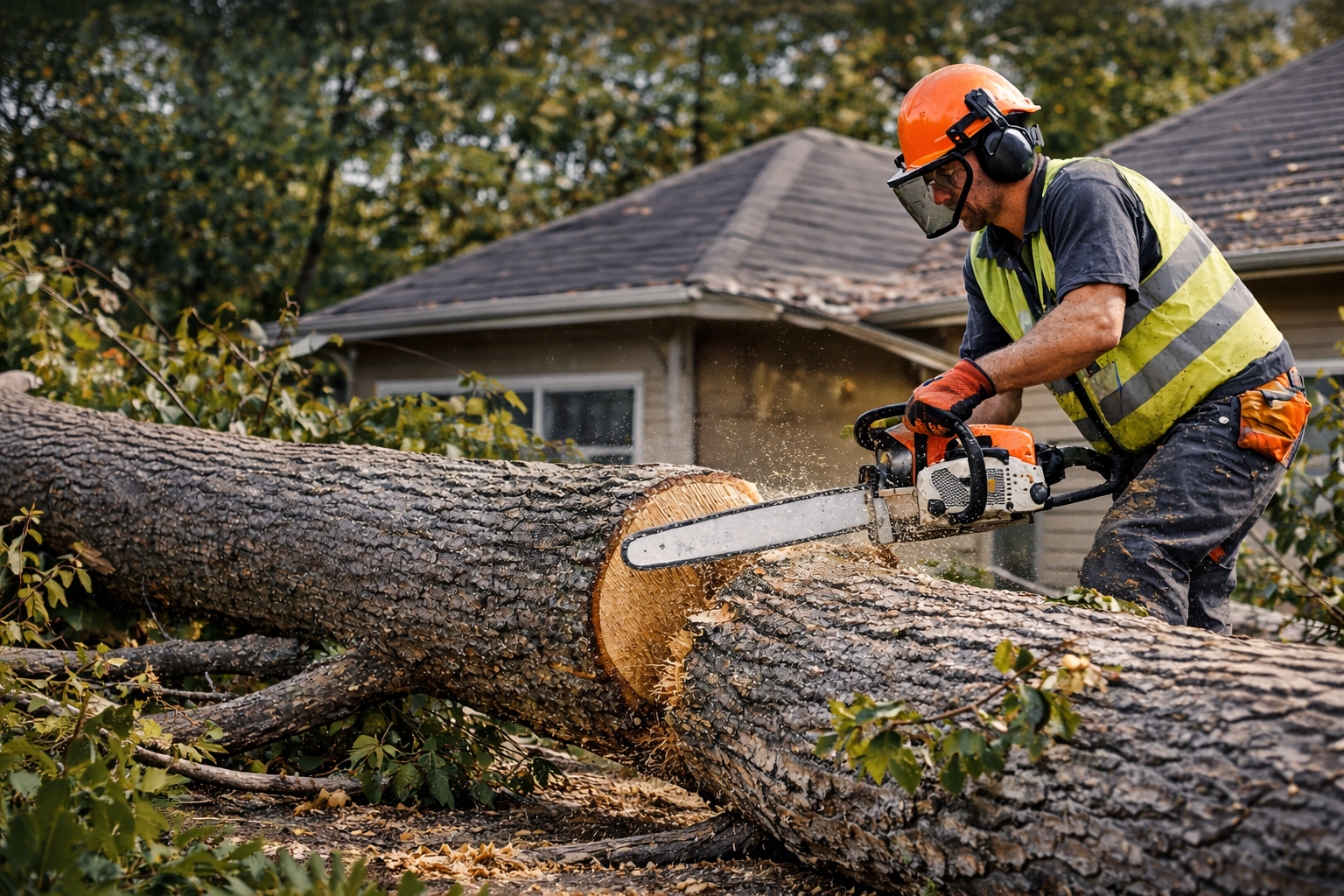 Worker cutting up a fallen tree with a chainsaw